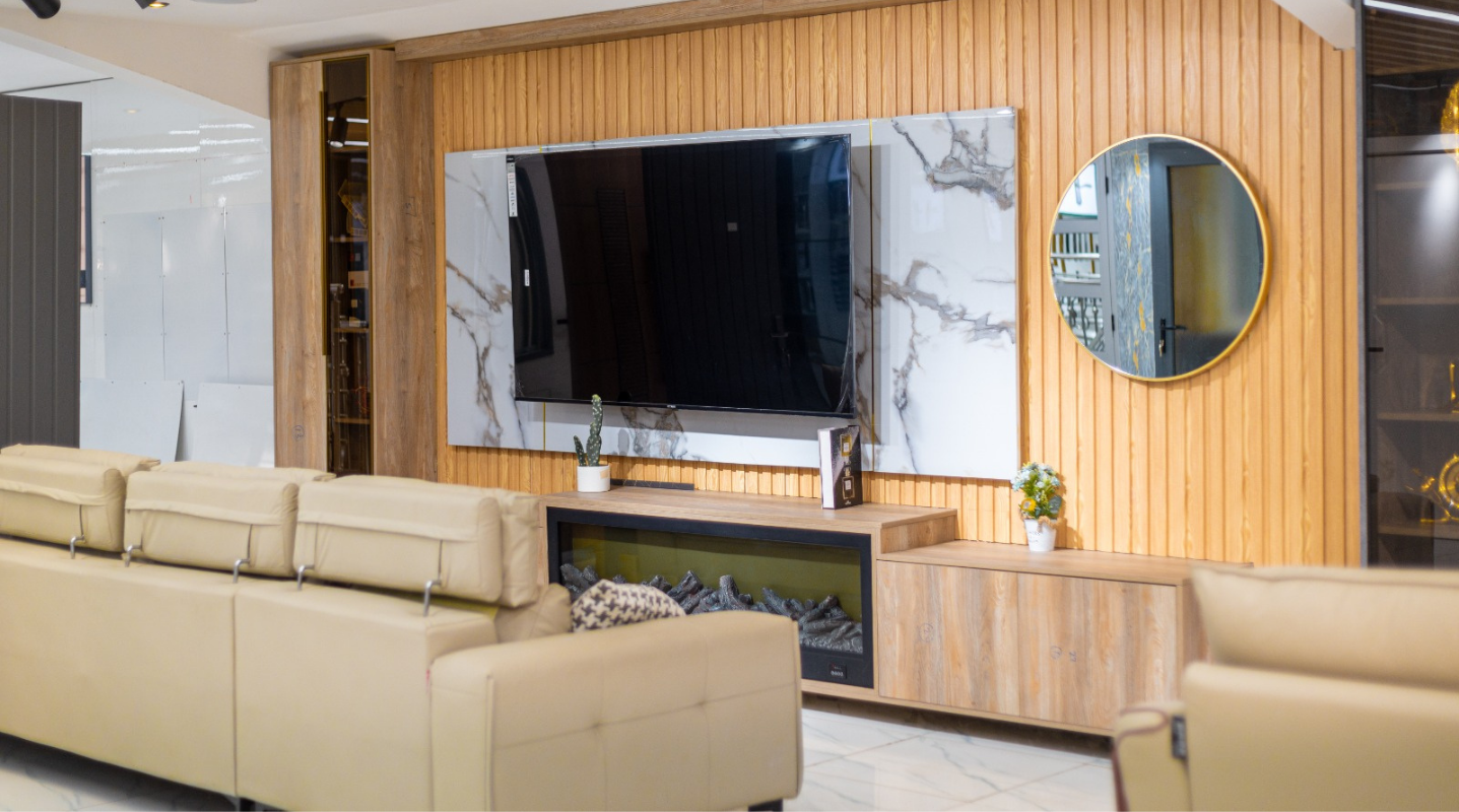 Living room feature wall with fluted panels and marble sheet